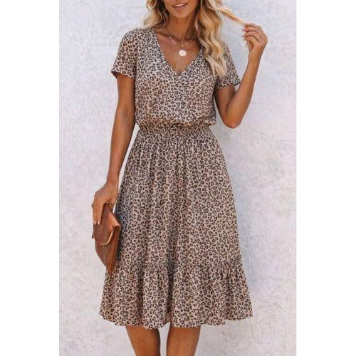 Kadın Kısa Kollu V Yakalı Beli Lastikli Midi Süprem Elbise