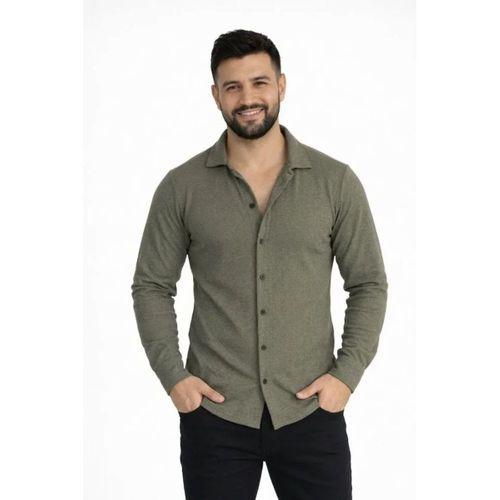 Erkek Waffle Kumaş Uzun Kollu Düğmeli Açık Yaka Regular Fit Gömlek - Haki