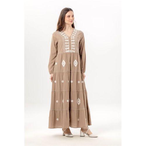 Uzun Kol Yakamoz V Yaka Nakışlı Şile Bezi Uzun Pullu Elbise Humus hms