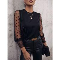 Kadın Uzun Kollu Bisiklet Yaka Kollar Puantiyeli Tül Detaylı Sandy Bluz