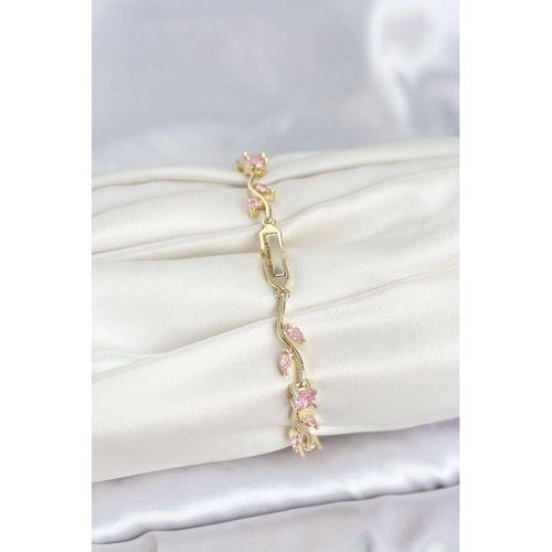 Pirinç Gold Renk Pembe Zirkon Taşlı Çiçek Model Kadın Bileklik