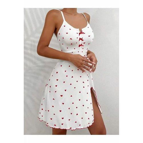 Kadın Beyaz Kırmızı Kalp Desenli Askılı  Elbise 5066