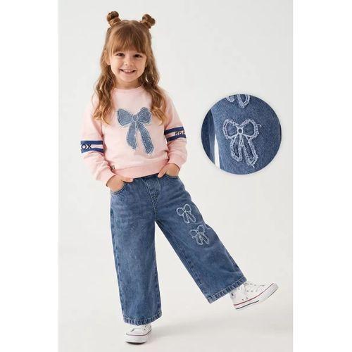 3/6 Yaş Taşlı Fiyonk Nakışlı Sweatli Kot Pantolonlu Çocuk Takımı