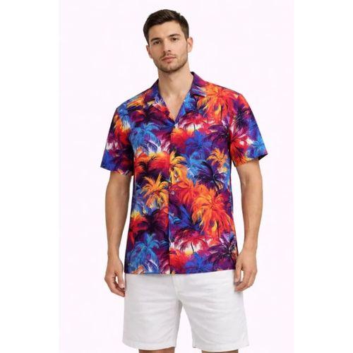 Erkek Tropikal Desenli Kısa Kol Gömlek Rahat Kalıp Yazlık Hawaii Tarz - Desenli