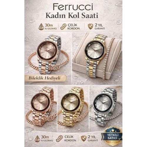 Ferrucci Çelik Kordon 2 Yıl Garantili 3 Atm Suya Dayanıklı Kadın Kol Saati+Bileklik Hediyeli 11397M1