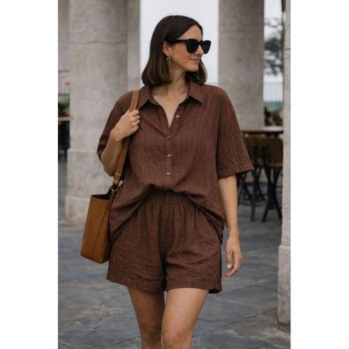Kadın Kısa Kollu çizgili Modal Kumaş Gömlek Ve Yüksek Bel Lastik Detay şort Ikili Takım