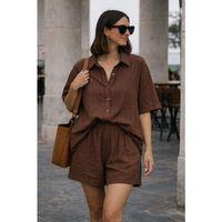 Kadın Kısa Kollu çizgili Modal Kumaş Gömlek Ve Yüksek Bel Lastik Detay şort Ikili Takım