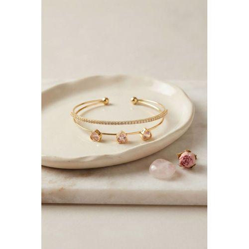 Pembe Kalp Model Zirkon Taşlı Gold Renk Kadın Bileklik