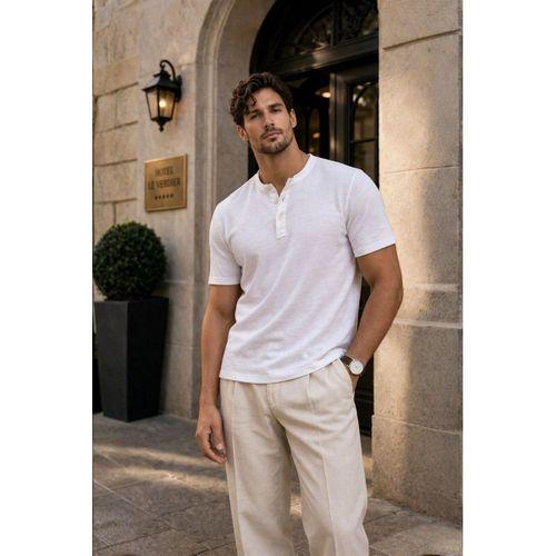 Edgar Regular Fit 3 Düğmeli Pat Flamlı Suprem Kumaş Pis Yaka Erkek T-Shirt - Beyaz