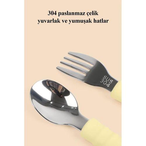 Silikon Saplı Paslanmaz Çelik Bebek Kaşık Çatal Seti Açık Mavi