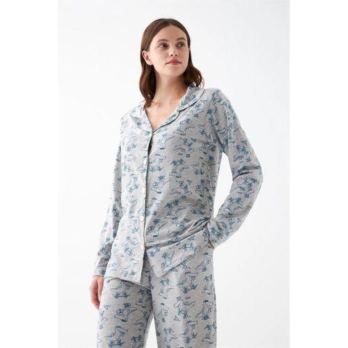 Kadın Gri Desenli Düğmeli Pamuklu Pijama Takımı