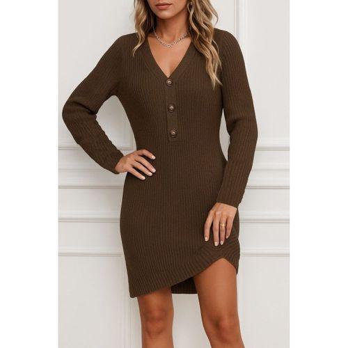 Kadın Uzun Kollu V Yakalı önden Düğmeli Kısa Triko Elbise