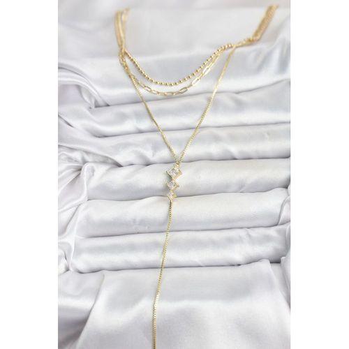 Pirinç Gold Renk Zirkon Taş Detaylı 3'lü Kombin Y Kadın Kolye