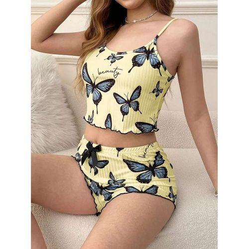 Kadın Sarı Kelebek Desenli Askılı Şortlu Ribana Pijama Takımı,rahat Ve Şık Ev Giyim,kadın Pijama