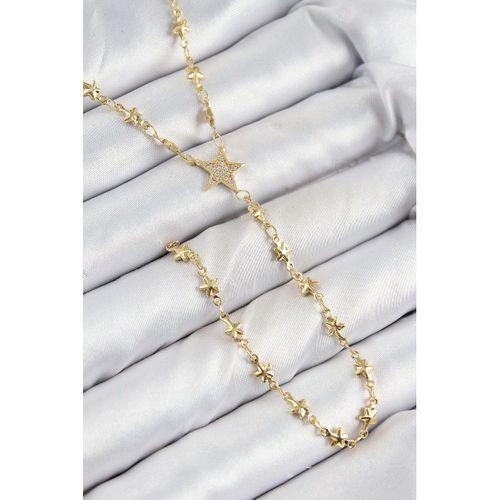 Pirinç Zirkon Taşlı Yıldız Model Gold Renk Y Kolye