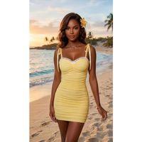 Kadın Sarı Bağlama Detaylı Şık Tasarım Mini Elbise