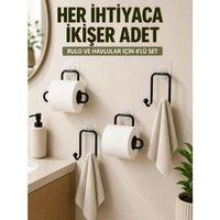 Yapışkanlı Banyo Düzenleme Seti 2 Rulo Tutucu 2 Havlu Askılığı 4 Parça