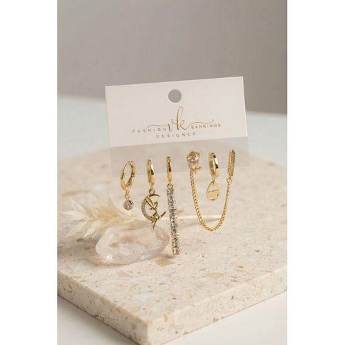 Gold Renk Pirinç Zirkon Taşlı 6'lı Küpe Set Kombini