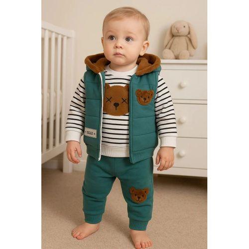 Peluş Ayıcık Desenli Kapişonlu 3'lü Erkek Bebek Takımı