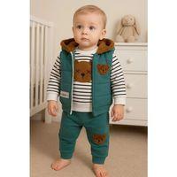 Peluş Ayıcık Desenli Kapişonlu 3'lü Erkek Bebek Takımı