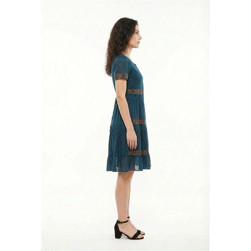 Kısa Kol Neva Bisiklet Yaka Nakışlı Otantik Vual Kısa Elbise Petrol Ptrl