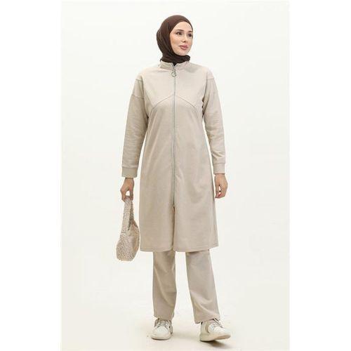 Göğüsten Detaylı Fermuarlı Sade Basic Eşofman Spor İkili Takım - 03063.027 - Ekru