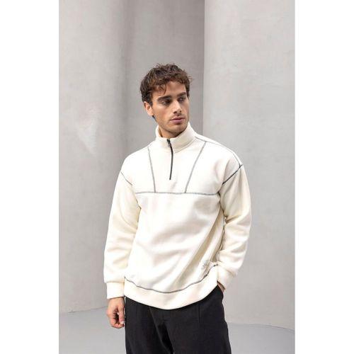 Crowe Çizgi Şeritli Oversize Yarım Fermuar Polar Erkek Sweatshirt - Ekru