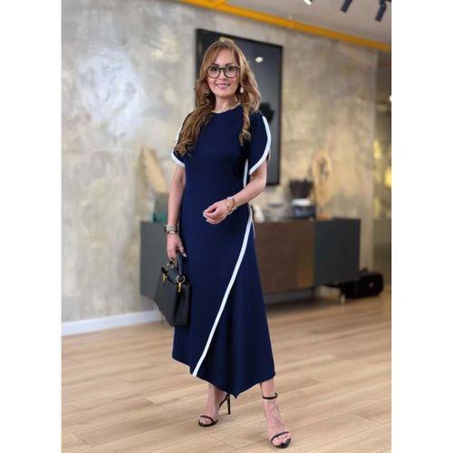 Kadın Kısa Kollu Bisiklet Yaka çift şerit Renk Detaylı Asimetrik Kesim Viskon Iki Iplik Elbise