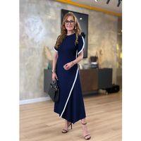 Kadın Kısa Kollu Bisiklet Yaka çift şerit Renk Detaylı Asimetrik Kesim Viskon Iki Iplik Elbise