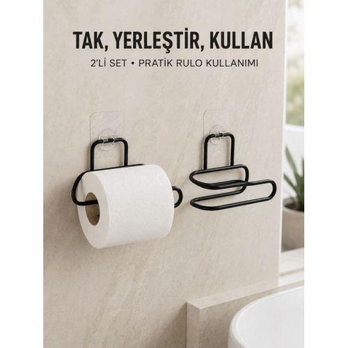 2’li Duvara Yapışkanlı Tuvalet Kağıtlığı Siyah Metal Pratik Rulo Tutucu