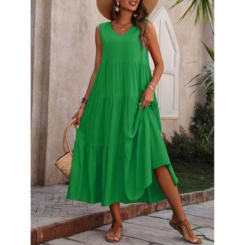 Kadın Askılı V Yakalı Uzun Dokuma Viskon Elbise