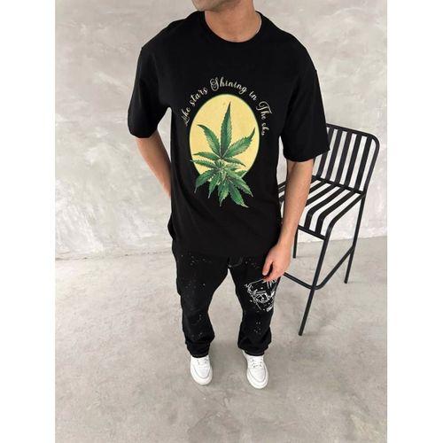 Ön Ve Arka Baskılı Oversize Bisiklet Yaka T-shirt- Siyah