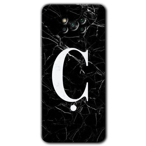 Poco x3 NFC Kılıf Baskılı Kapak - Siyah Mermer Desenli Ç Harfi + 5D Tam Kaplayan Cam