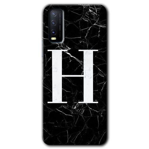 Vivo Y20 Kılıf HD Desen Baskılı Arka Kapak - Siyah Mermer Desenli H Harfi