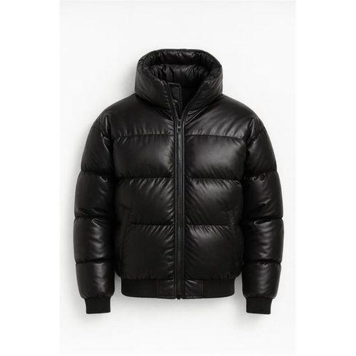 Oversize Kapüşonu Çıkarılabilir Şişme Deri Mont - Siyah