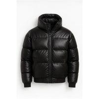 Oversize Kapüşonu Çıkarılabilir Şişme Deri Mont - Siyah