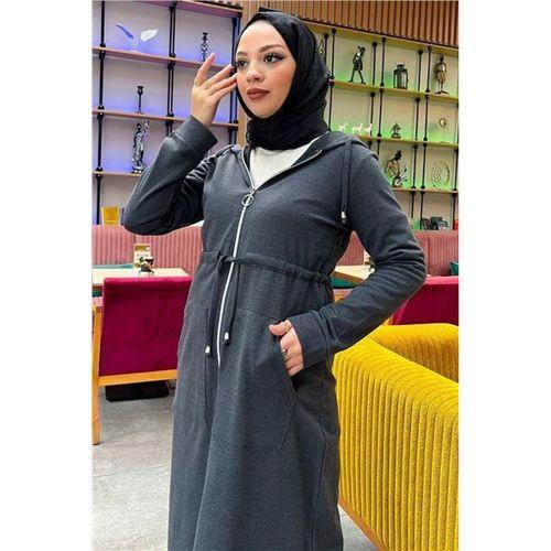 Kapşonlu Belden Bağlamalı Fermuarlı Sade Basic Uzun Tunik ve Pantolon İkili Spor Takım - 03065.017 - Antrasit