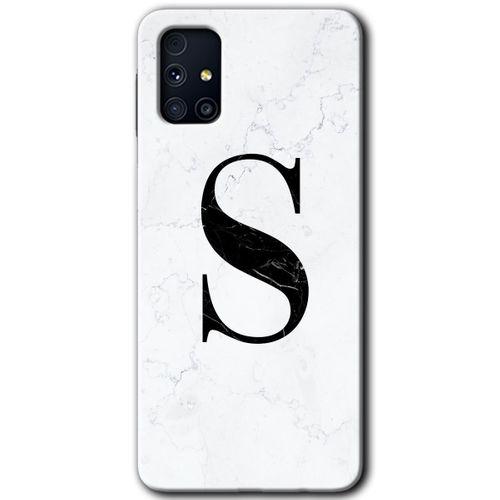 MRCİLETİSİM Samsung Galaxy M31s Kılıf Baskılı Kapak - Beyaz Mermer Desenli S Harfi +Tam Kaplayan Mat Seramik