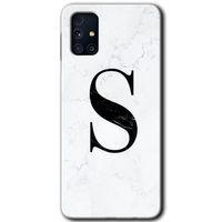 MRCİLETİSİM Samsung Galaxy M31s Kılıf Baskılı Kapak - Beyaz Mermer Desenli S Harfi +Tam Kaplayan Mat Seramik