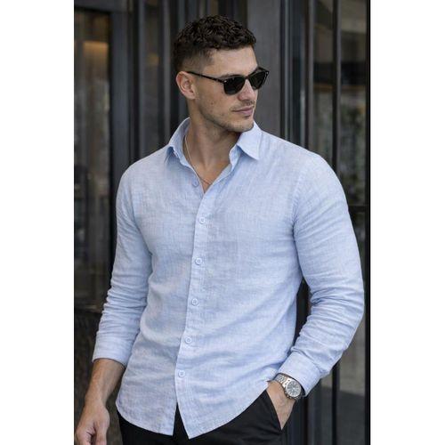 Nefes Alabilir Yarım Oversize Müslin Kumaş Uzun Kol Yakalı Erkek Gömlek - Buz Mavi