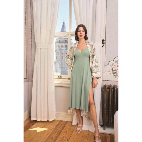 Çiçek Ve Yaprak Desenli Dantelli Ve Dekolteli Sabahlık Takımı