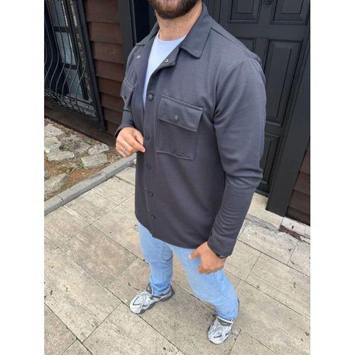Erkek Diagonal Kumaş Cepli Çıtçıtlı Uzun Kollu, Gömlek Oversize Rahat Kalıp Günlük Şık Stil - Füme