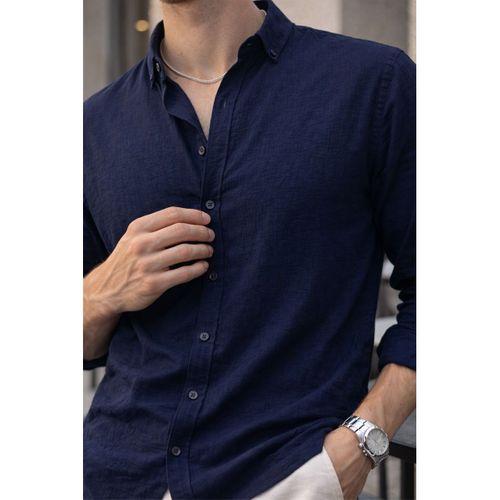 Scott – Soft Dokulu Yarım Oversize Modern Keten Görünümlü Erkek Gömlek- Lacivert