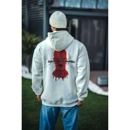 Üç İplik Kapşonlu Baskılı Oversize SweatShirt- Beyaz