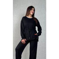 Kadın Uzun Kollu Bisiklet Yaka Belden Büzgülü Bağcıklı Viskon Iki Iplik Bluz Ve Pantolon Ikili Takım