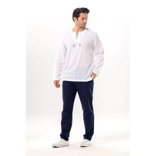 Büyük Beden Şile Bezi Uzun Kol Zımbalı Erkek Yazlık Tshirt Beyaz 3001