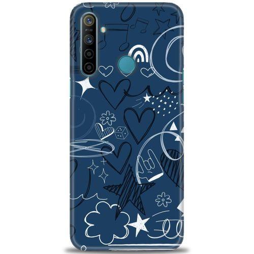 Realme 5i Kılıf HD Baskılı Kılıf - Notalar ve Kalpler Mavi + Tam Ekran Koruyucu