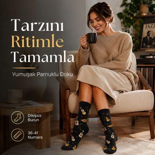 Kadın Müzik Enstrüman Desenli Soket Çorap 36-40 | Pamuklu Dikişsiz Siyah Uzun Konç Hediyelik
