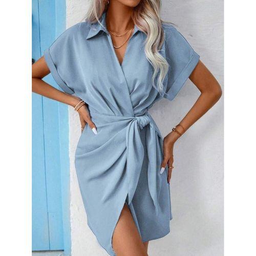 Kadın Kısa Kollu Yakalı Yandan Bağlamalı Dokuma Elbise