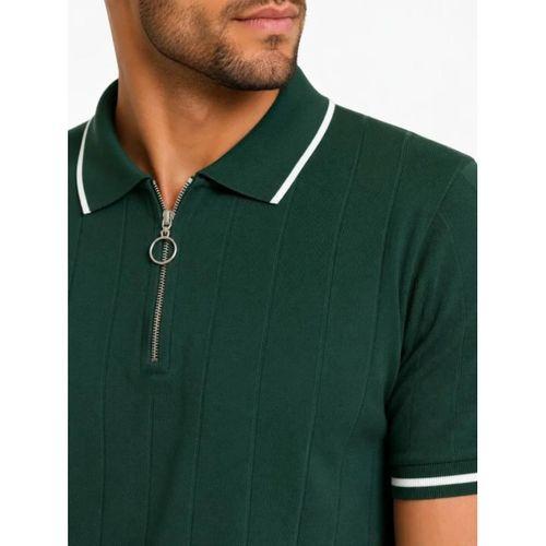 Erkek Fitilli Triko T-shirt Polo Yaka Yarım Fermuarlı Kısa Kollu Tişört - Yeşil